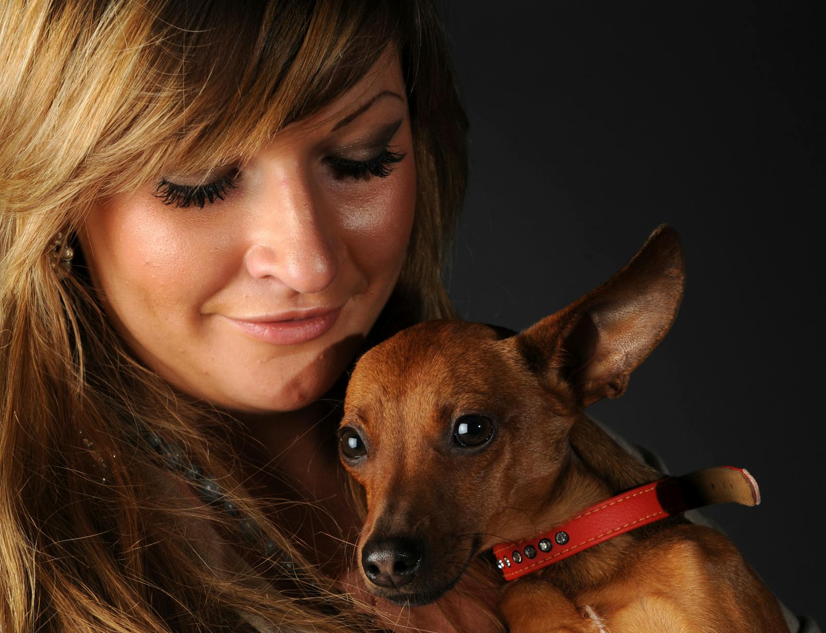 Petsitterka trzyma na rękach małego brązowego psa w czerwonej obroży